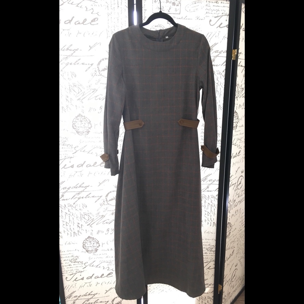 Plaid Striped Long Sleeve Maxi Dress Faux Leather